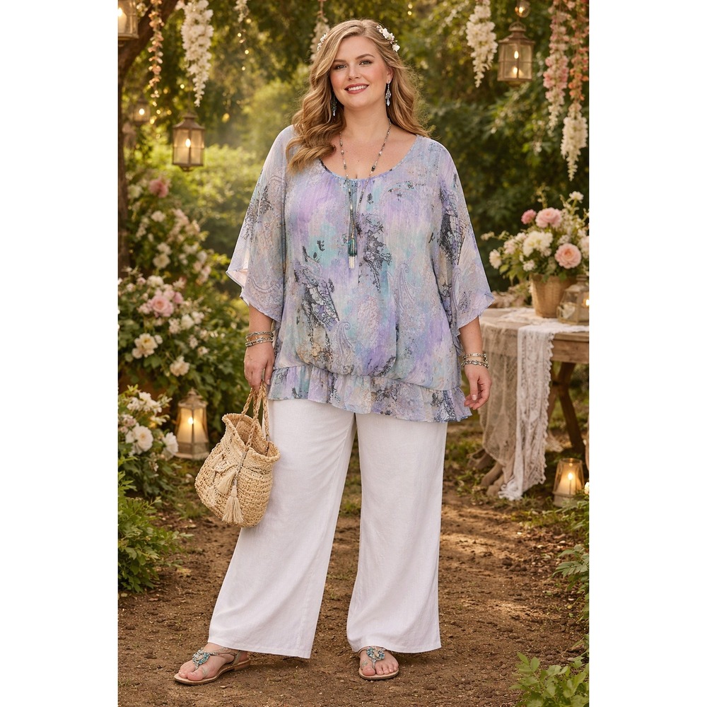 Boho Fairycore Comfy Travel Watercolor Paisley Flutter Sleeve Bubble Hem 3X Top